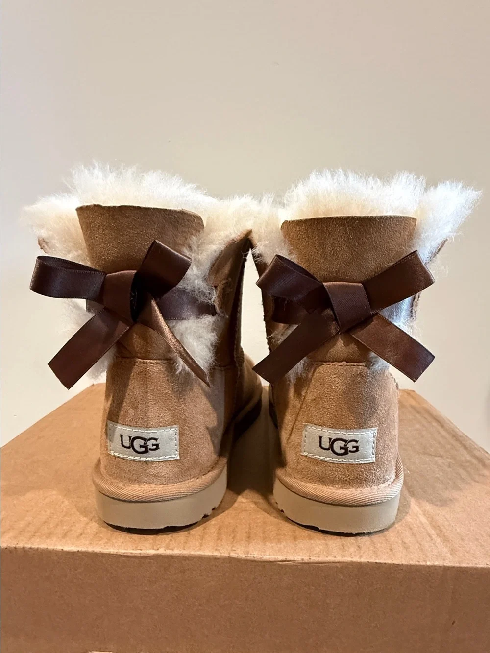 UGG Kids Chestnut Sheepskin Boots with White Fur Trim